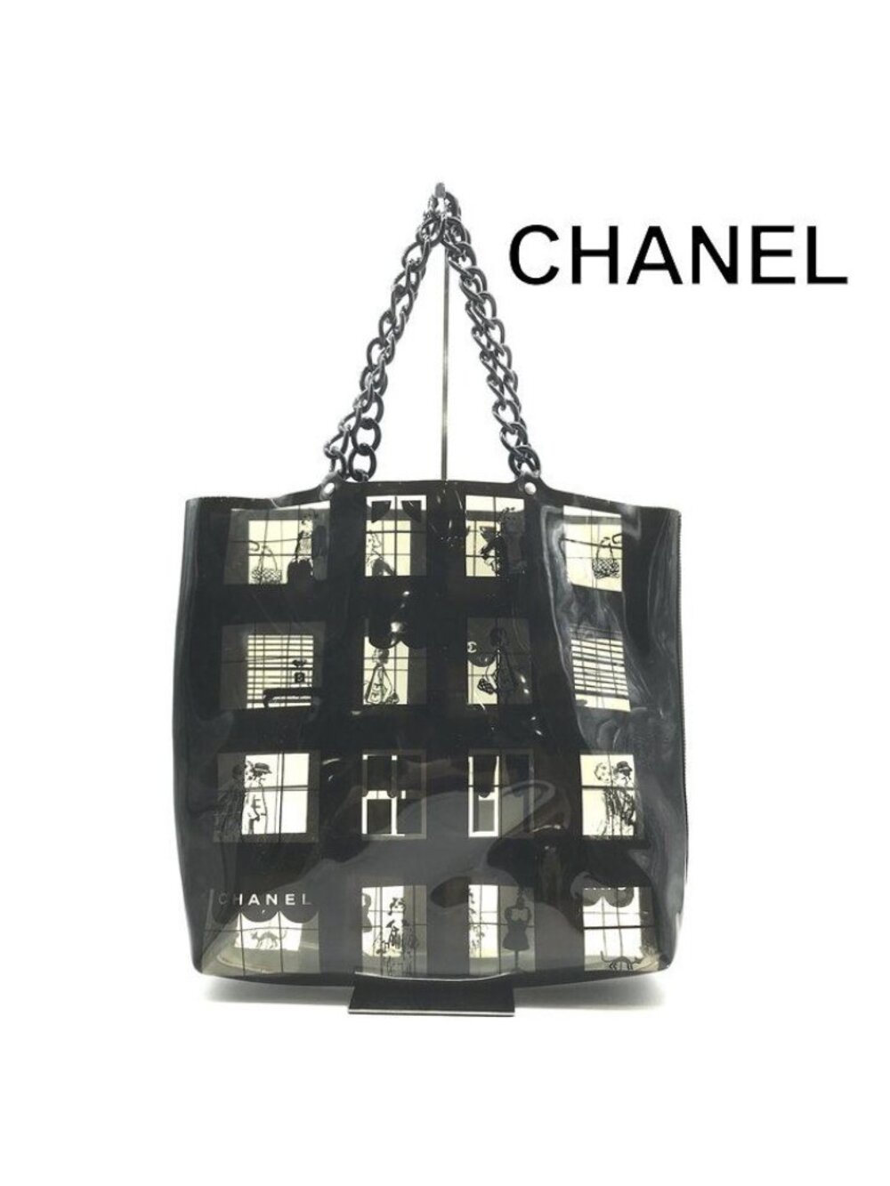Chanel CC Logo Window Line Vinyl Tote Shoulder Bag Plastic Chain Black